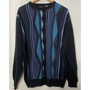 Cellini Collezione Pullover Sweater Blue Textured Wool Blend Wavy Men's Large‎